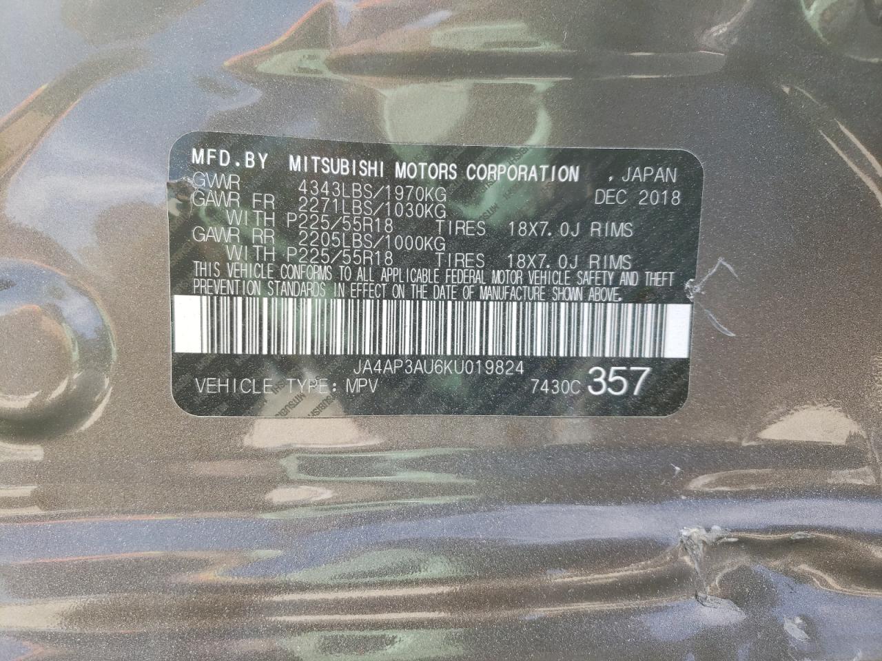 Photo 10 from auction – 2019 MITSUBISHI OUTLANDER with VIN JA4AP3AU6KU019824