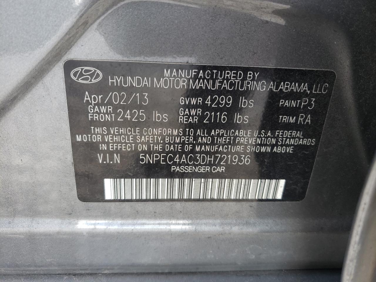Photo 10 from auction – 2013 HYUNDAI SONATA SE with VIN 5NPEC4AC3DH721936
