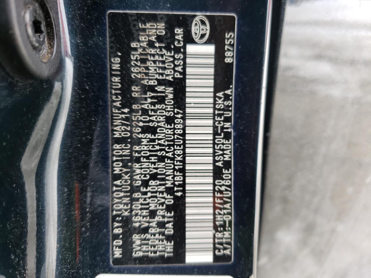 Photo 10 from auction – 2014 TOYOTA CAMRY L with VIN 4T1BF1FK8EU788947