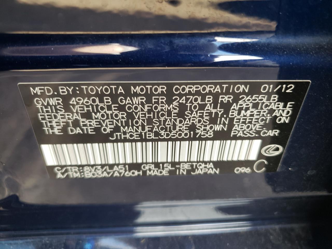 Photo 10 from auction – 2013 LEXUS GS 350 with VIN JTHCE1BL3D5001758