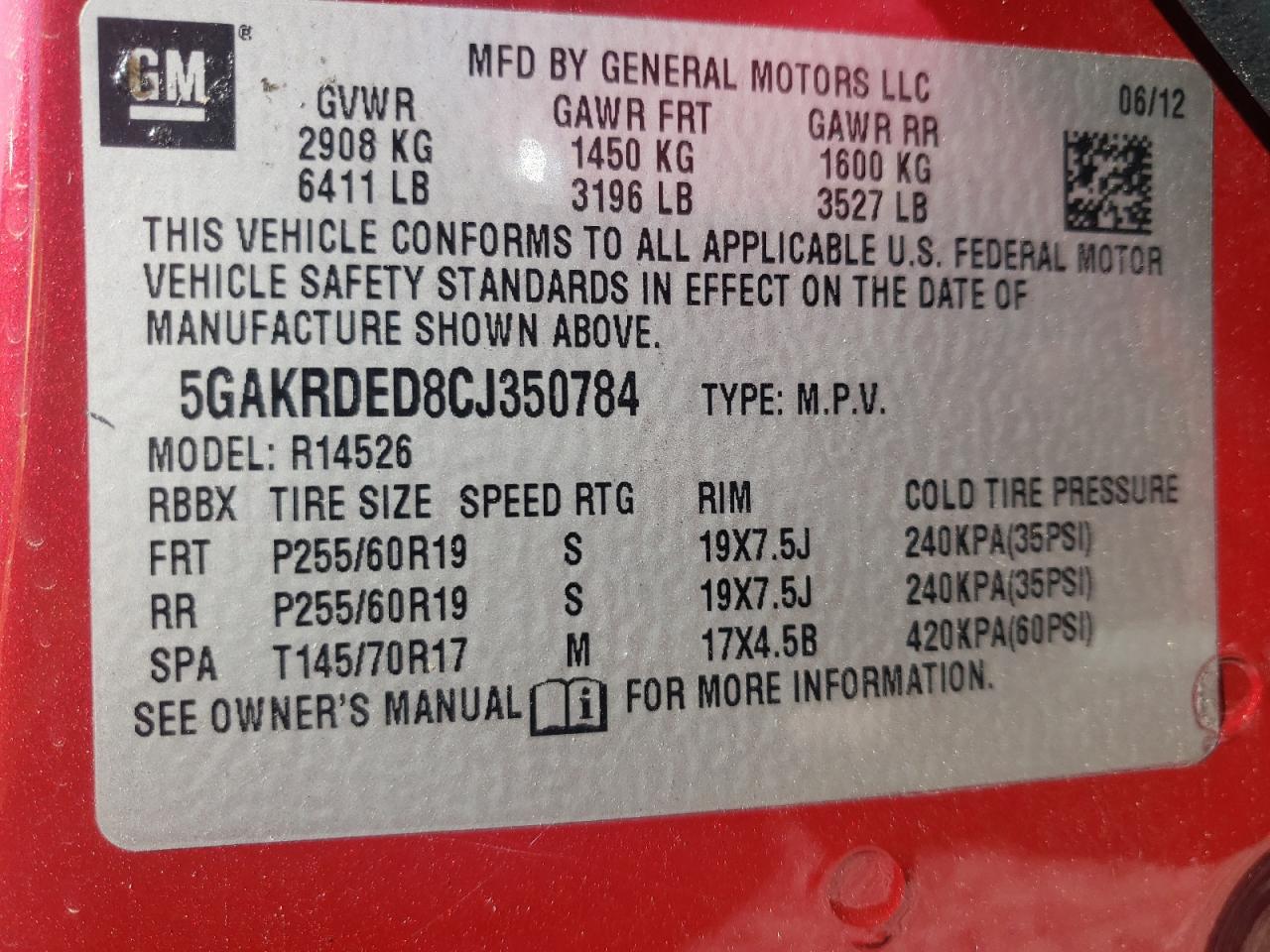 Photo 10 from auction – 2012 BUICK ENCLAVE with VIN 5GAKRDED8CJ350784
