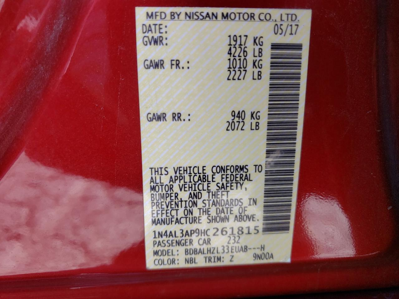Photo 10 from auction – 2017 NISSAN ALTIMA 2.5 with VIN 1N4AL3AP9HC261815