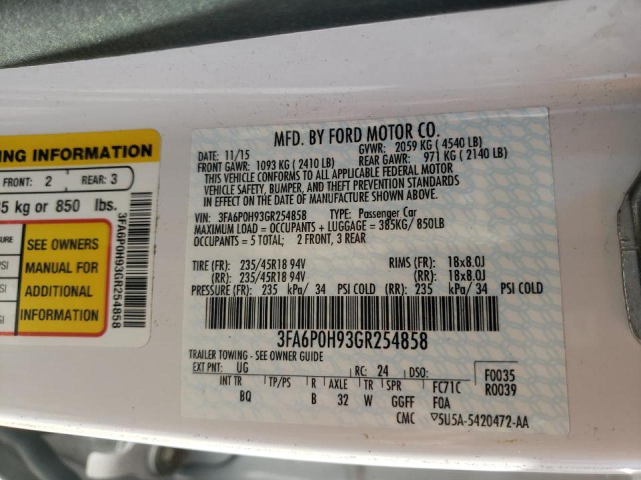 Photo 10 from auction – 2016 FORD FUSION SE with VIN 3FA6P0H93GR254858