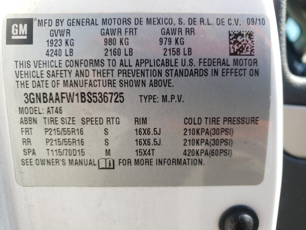 Photo 10 from auction – 2011 CHEVROLET HHR LS with VIN 3GNBAAFW1BS536725