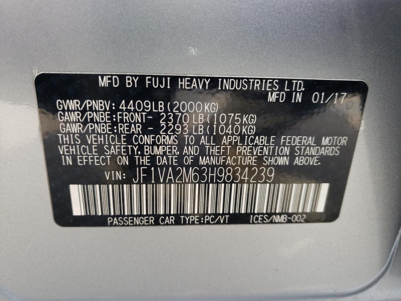 Photo 10 from auction – 2017 SUBARU WRX STI with VIN JF1VA2M63H9834239
