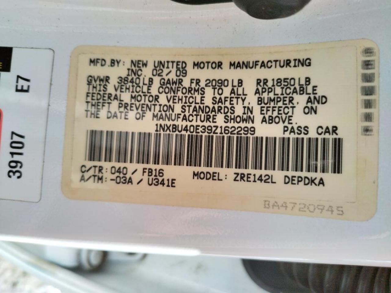 Photo 10 from auction – 2009 TOYOTA COROLLA BA with VIN 1NXBU40E39Z162299