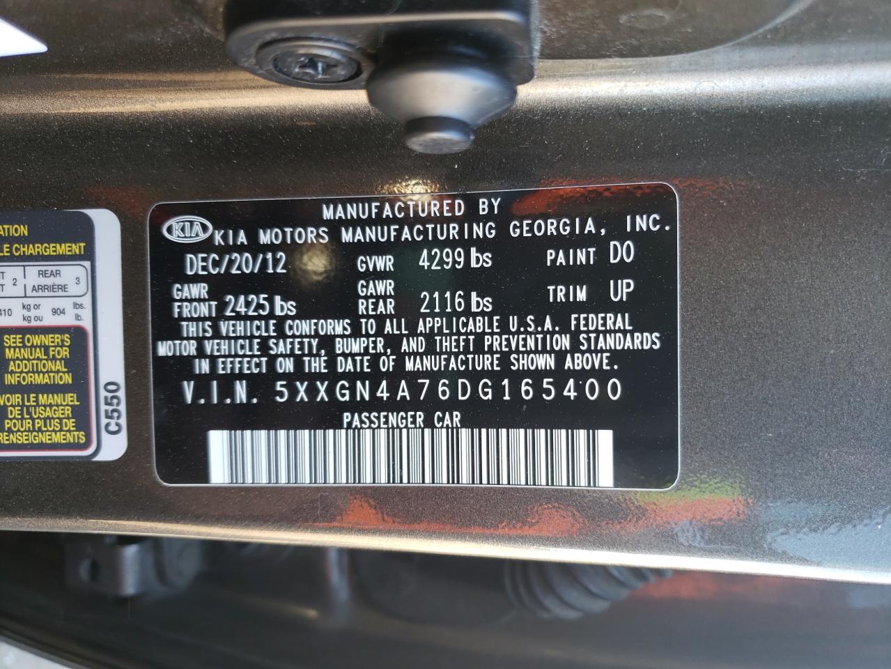 Photo 10 from auction – 2013 KIA OPTIMA EX with VIN 5XXGN4A76DG165400