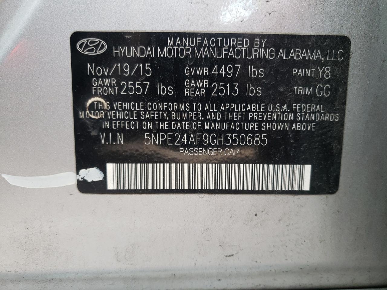 Photo 10 from auction – 2016 HYUNDAI SONATA SE with VIN 5NPE24AF9GH350685