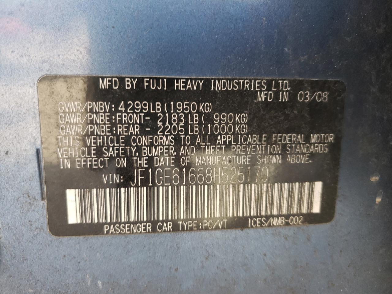 Photo 10 from auction – 2008 SUBARU IMPREZA 2. with VIN JF1GE61668H525170