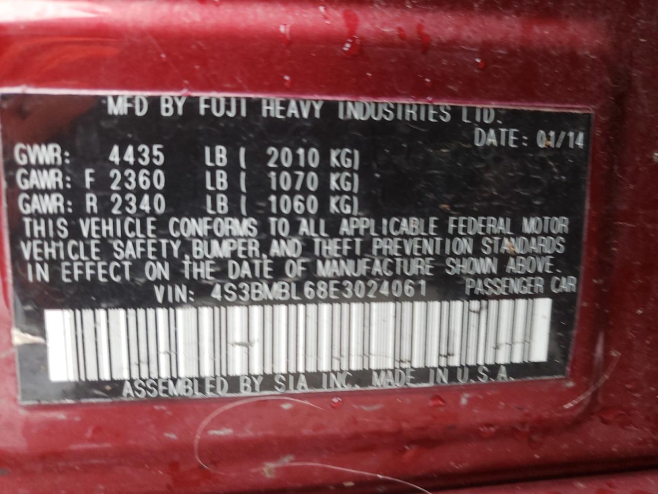 Photo 10 from auction – 2014 SUBARU LEGACY 2.5 with VIN 4S3BMBL68E3024061