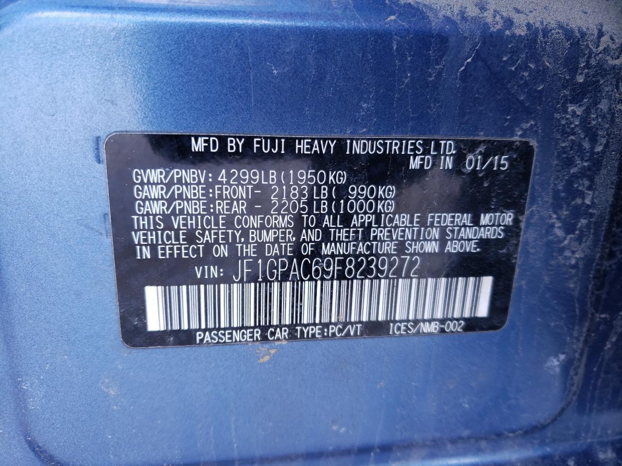 Photo 10 from auction – 2015 SUBARU IMPREZA PR with VIN JF1GPAC69F8239272