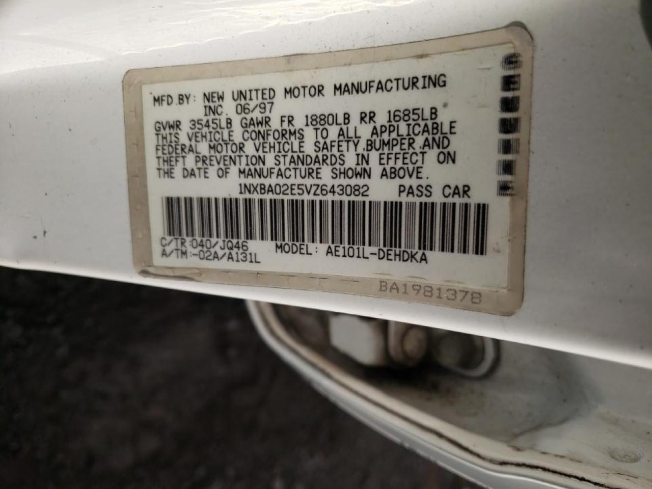 Photo 10 from auction – 1997 TOYOTA COROLLA BA with VIN 1NXBA02E5VZ643082