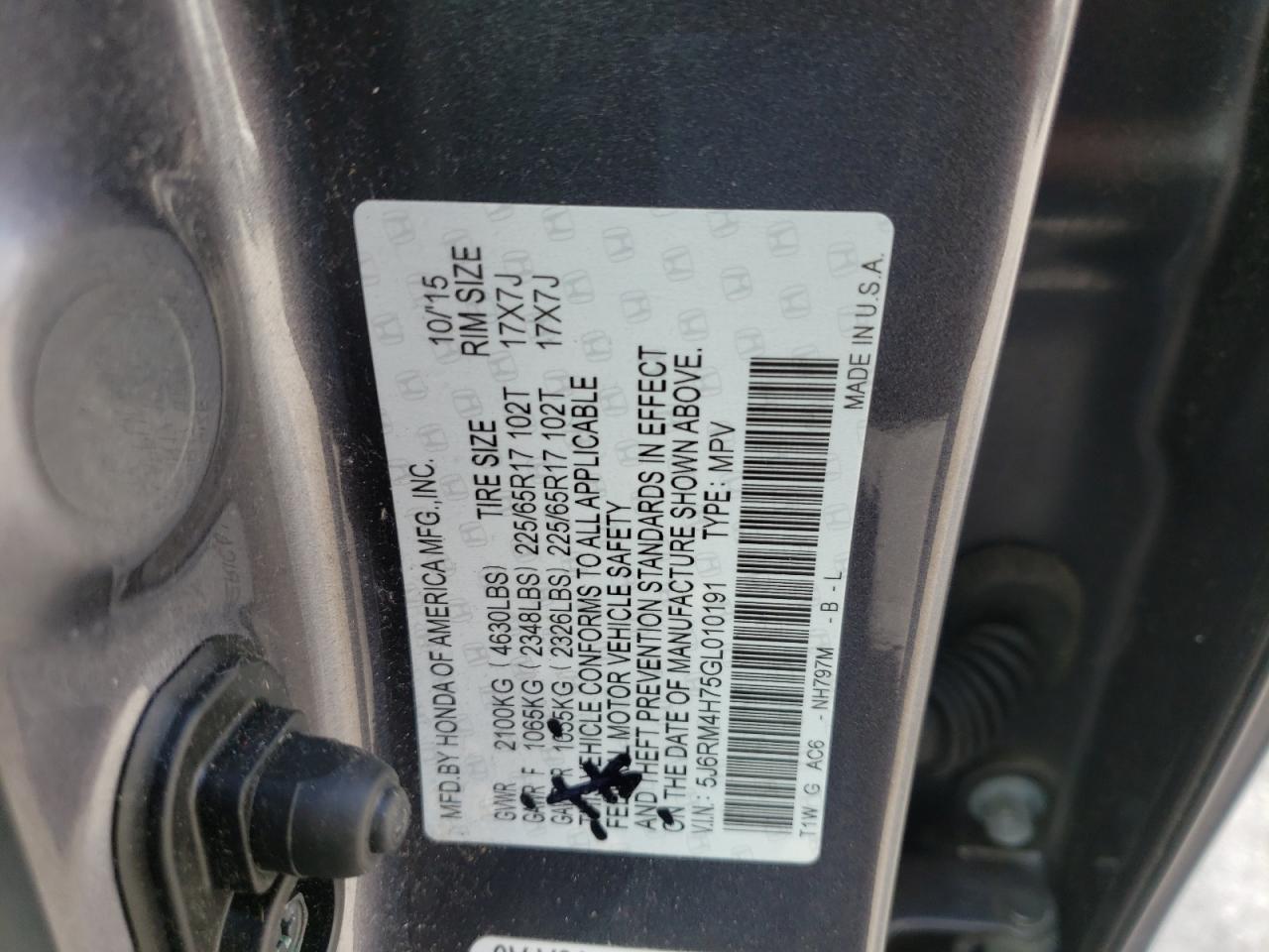 Photo 10 from auction – 2016 HONDA CR-V EXL with VIN 5J6RM4H75GL010191
