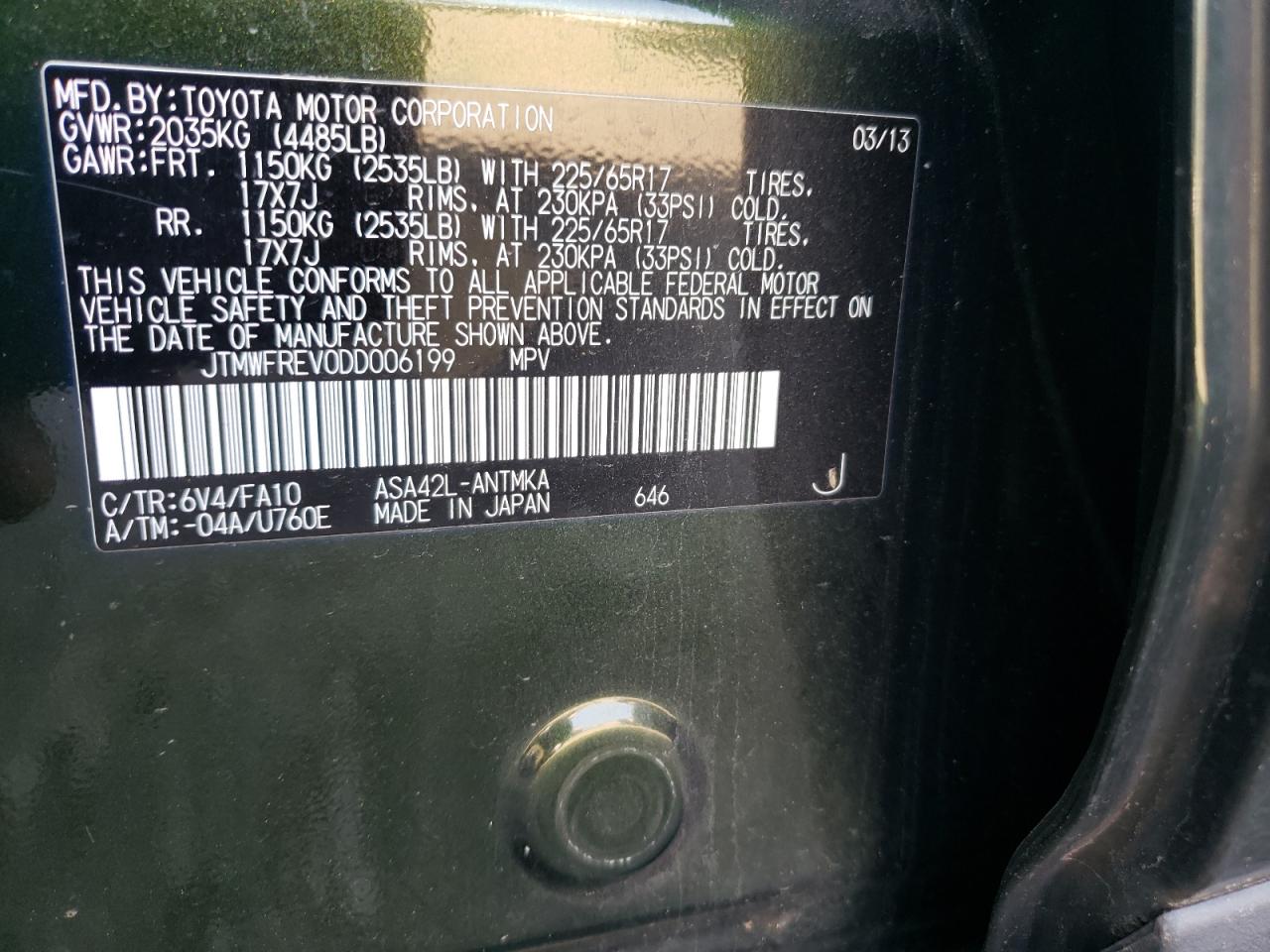 Photo 10 from auction – 2013 TOYOTA RAV4 XLE with VIN JTMWFREV0DD006199
