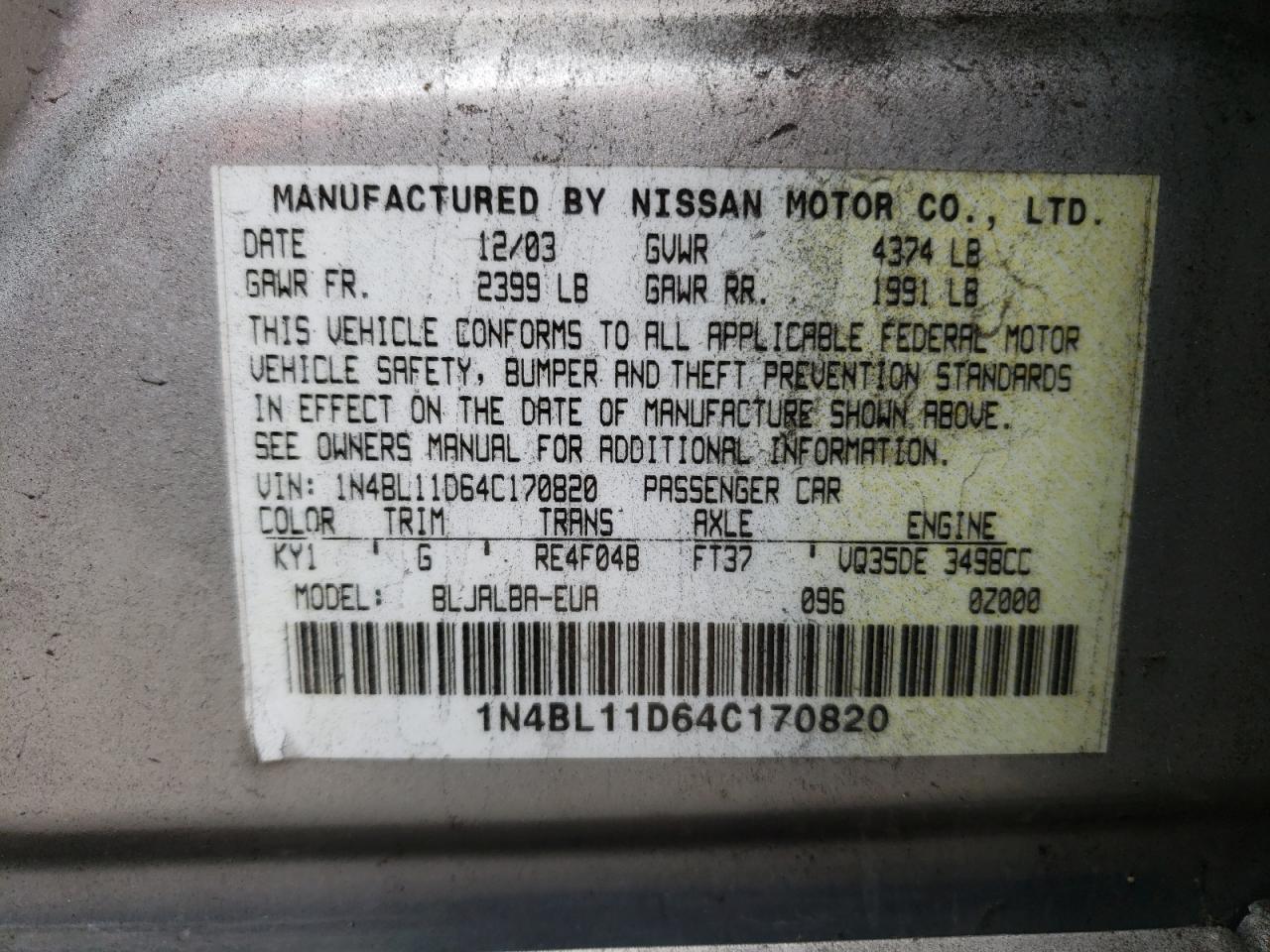 Photo 10 from auction – 2004 NISSAN ALTIMA SE with VIN 1N4BL11D64C170820