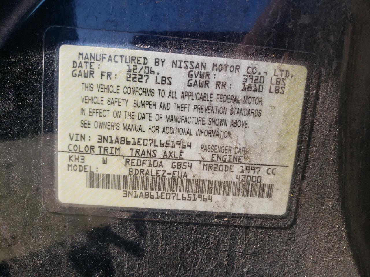Photo 10 from auction – 2007 NISSAN SENTRA 2.0 with VIN 3N1AB61E07L651964