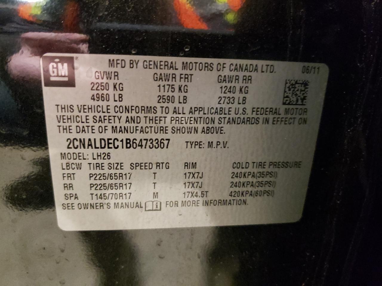 Photo 10 from auction – 2011 CHEVROLET EQUINOX LT with VIN 2CNALDEC1B6473367