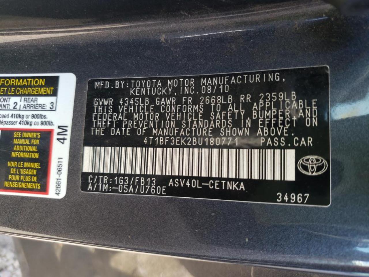 Photo 10 from auction – 2011 TOYOTA CAMRY BASE with VIN 4T1BF3EK2BU180771