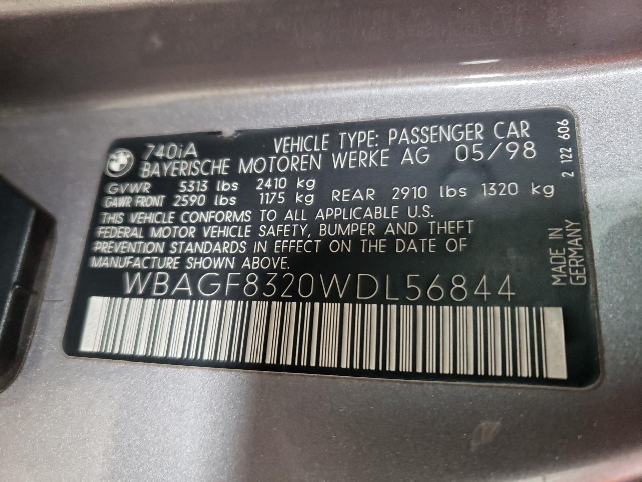 Photo 10 from auction – 1998 BMW 740 I AUTO with VIN WBAGF8320WDL56844