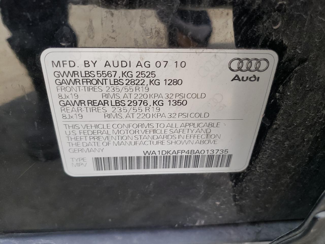 Photo 10 from auction – 2011 AUDI Q5 PREMIUM with VIN WA1DKAFP4BA013735