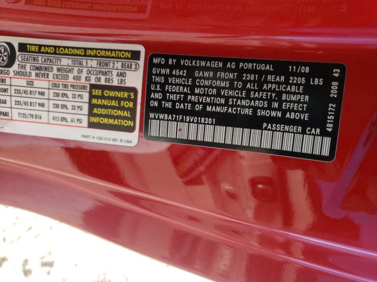 Photo 10 from auction – 2009 VOLKSWAGEN EOS TURBO with VIN WVWBA71F19V018301