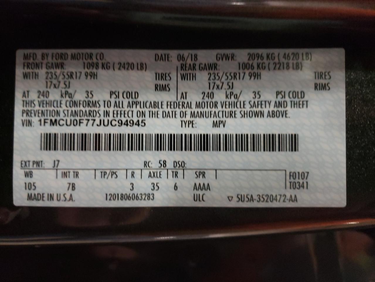 Photo 10 from auction – 2018 FORD ESCAPE S with VIN 1FMCU0F77JUC94945