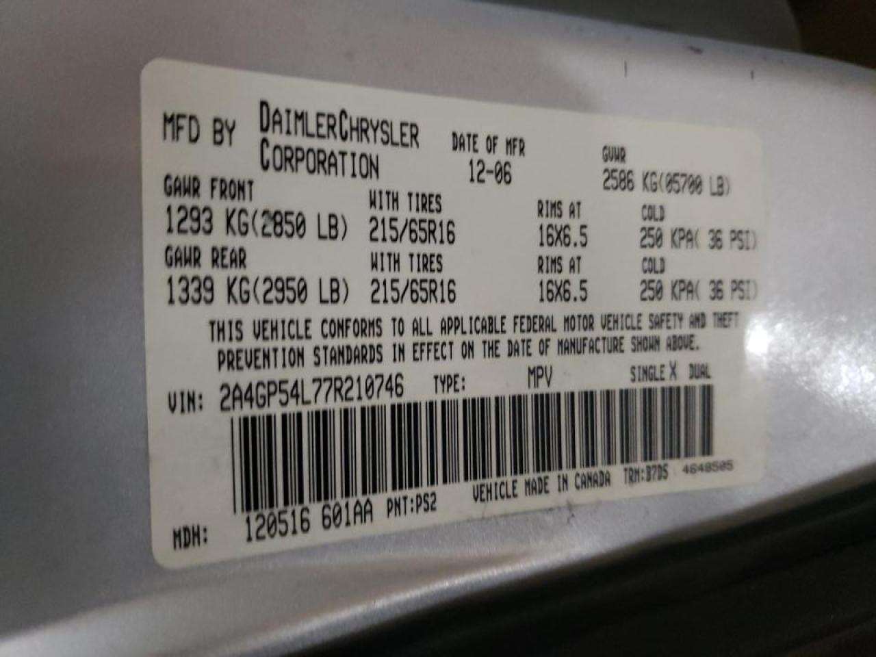 Photo 10 from auction – 2007 CHRYSLER TOWN & COU with VIN 2A4GP54L77R210746