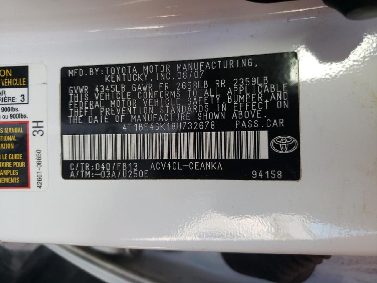 Photo 10 from auction – 2008 TOYOTA CAMRY CE with VIN 4T1BE46K18U732678
