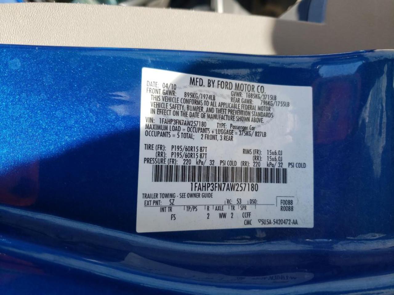Photo 10 from auction – 2010 FORD FOCUS SE with VIN 1FAHP3FN7AW257180