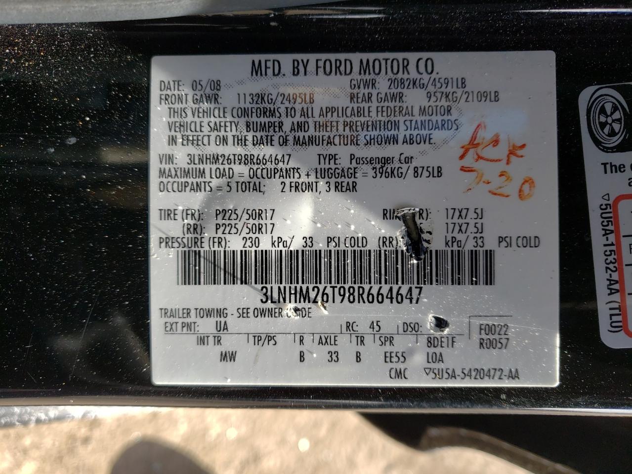 Photo 10 from auction – 2008 LINCOLN MKZ with VIN 3LNHM26T98R664647