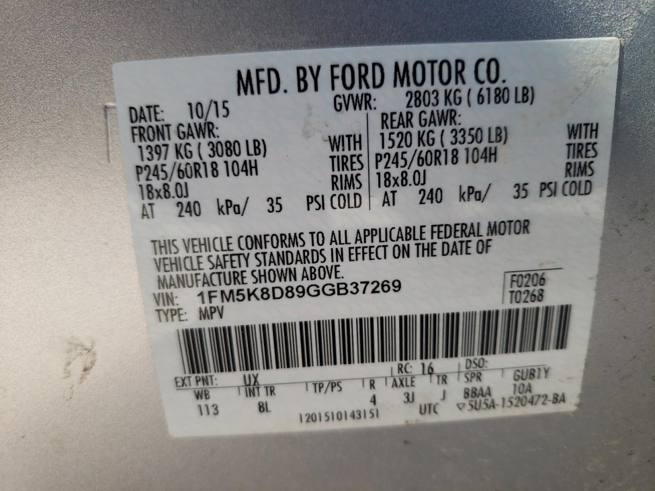 Photo 10 from auction – 2016 FORD EXPLORER X with VIN 1FM5K8D89GGB37269