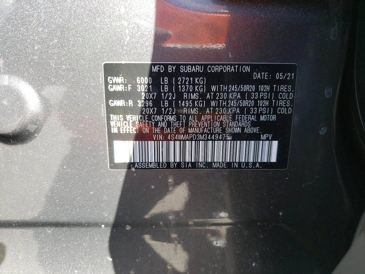 Photo 10 from auction – 2021 SUBARU ASCENT LIM with VIN 4S4WMAPD3M3449475
