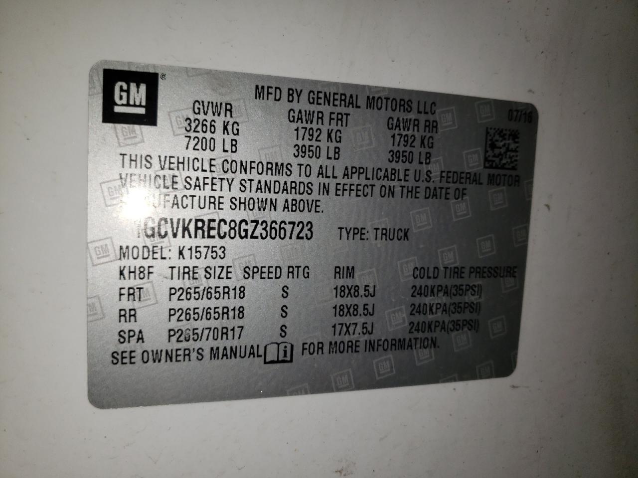Photo 10 from auction – 2016 CHEVROLET SILVERADO with VIN 1GCVKREC8GZ366723
