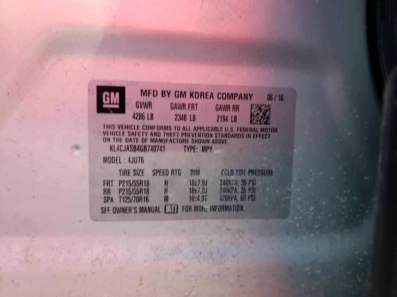 Photo 10 from auction – 2016 BUICK ENCORE with VIN KL4CJASB4GB740741