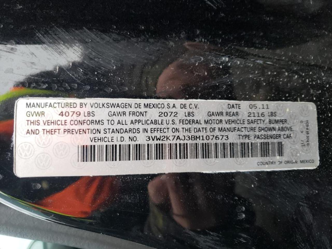 Photo 10 from auction – 2011 VOLKSWAGEN JETTA BASE with VIN 3VW2K7AJ3BM107673
