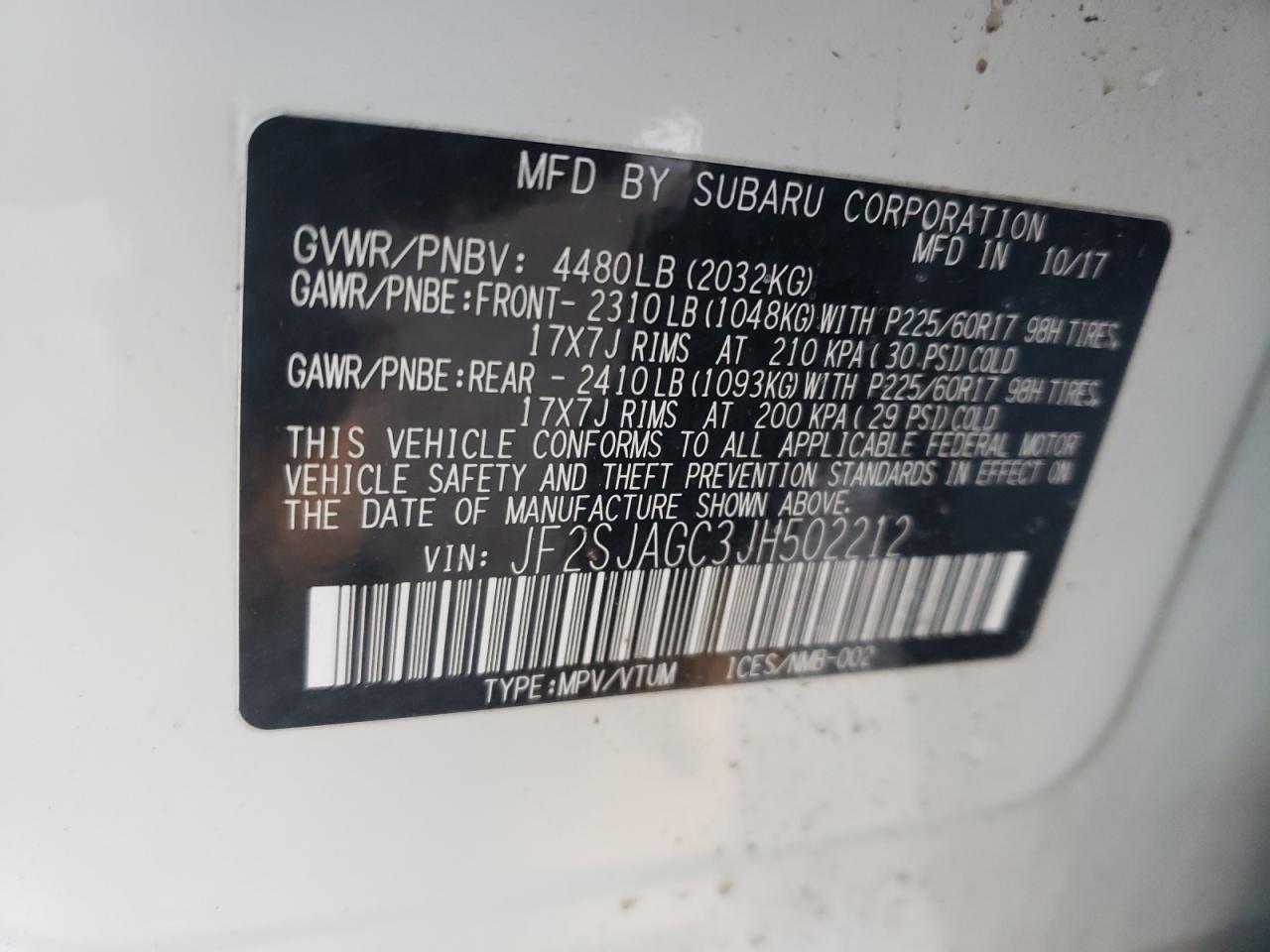 Photo 10 from auction – 2018 SUBARU FORESTER 2 with VIN JF2SJAGC3JH502212