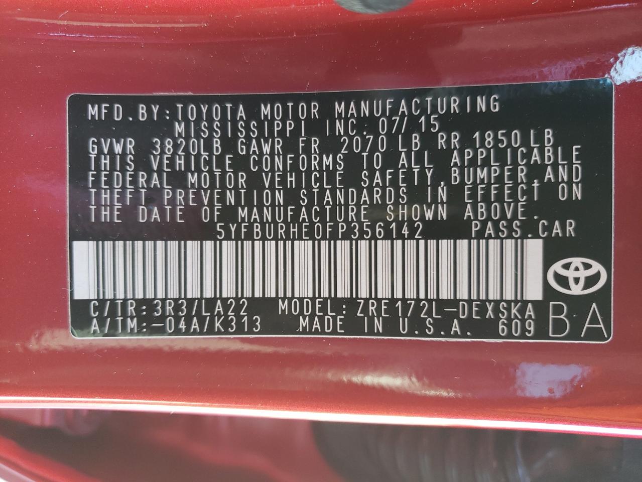 Photo 10 from auction – 2015 TOYOTA COROLLA L with VIN 5YFBURHE0FP356142