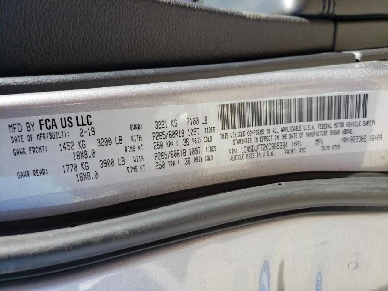 Photo 10 from auction – 2019 DODGE DURANGO SS with VIN 1C4SDJFT2KC685334