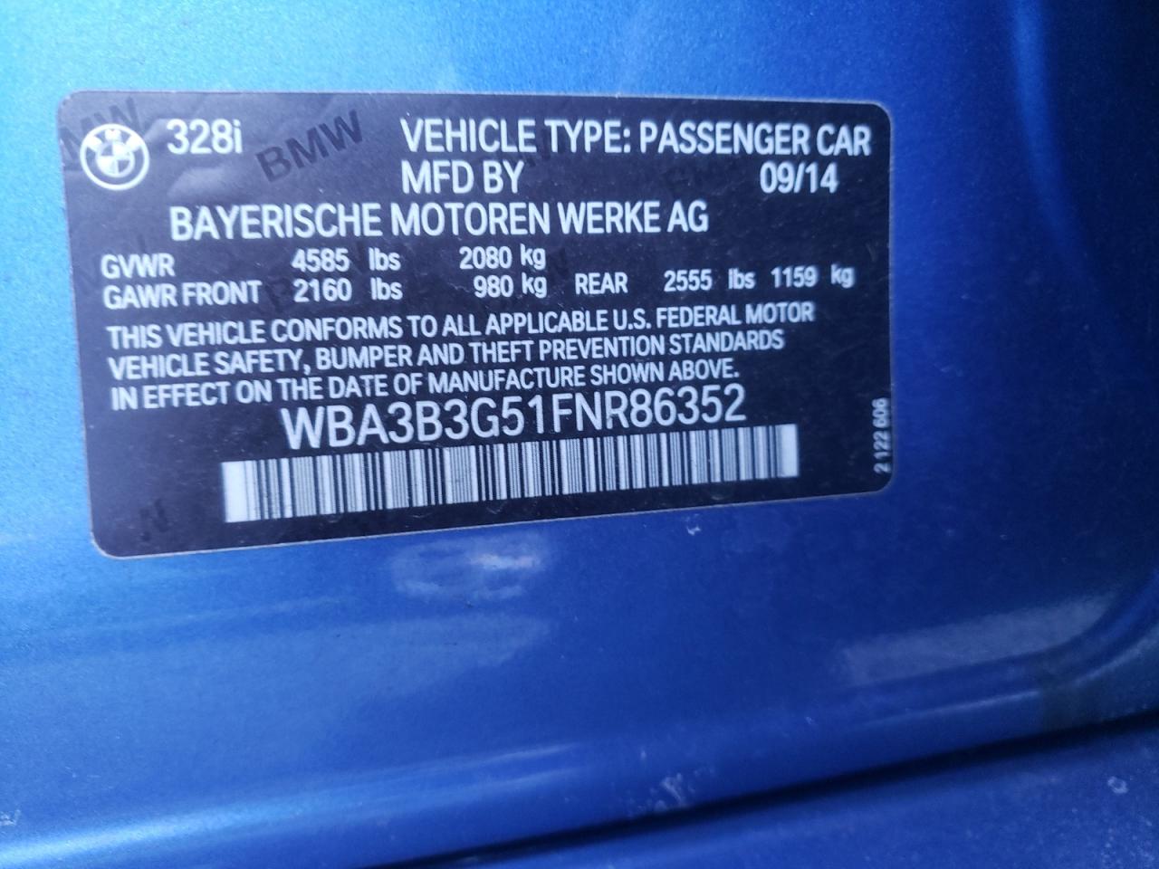 Photo 10 from auction – 2015 BMW 328 XI with VIN WBA3B3G51FNR86352