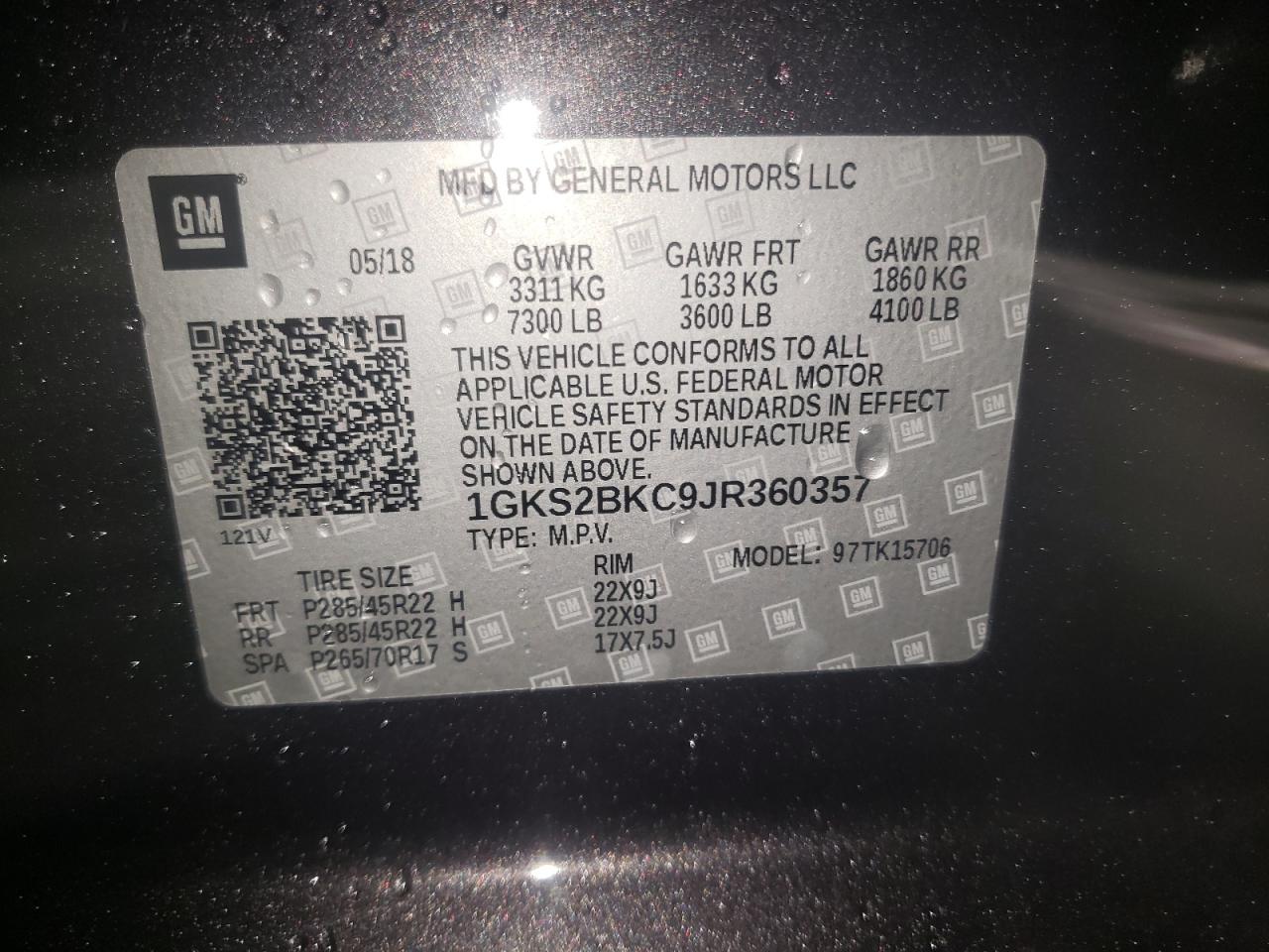 Photo 10 from auction – 2018 GMC YUKON SLT with VIN 1GKS2BKC9JR360357