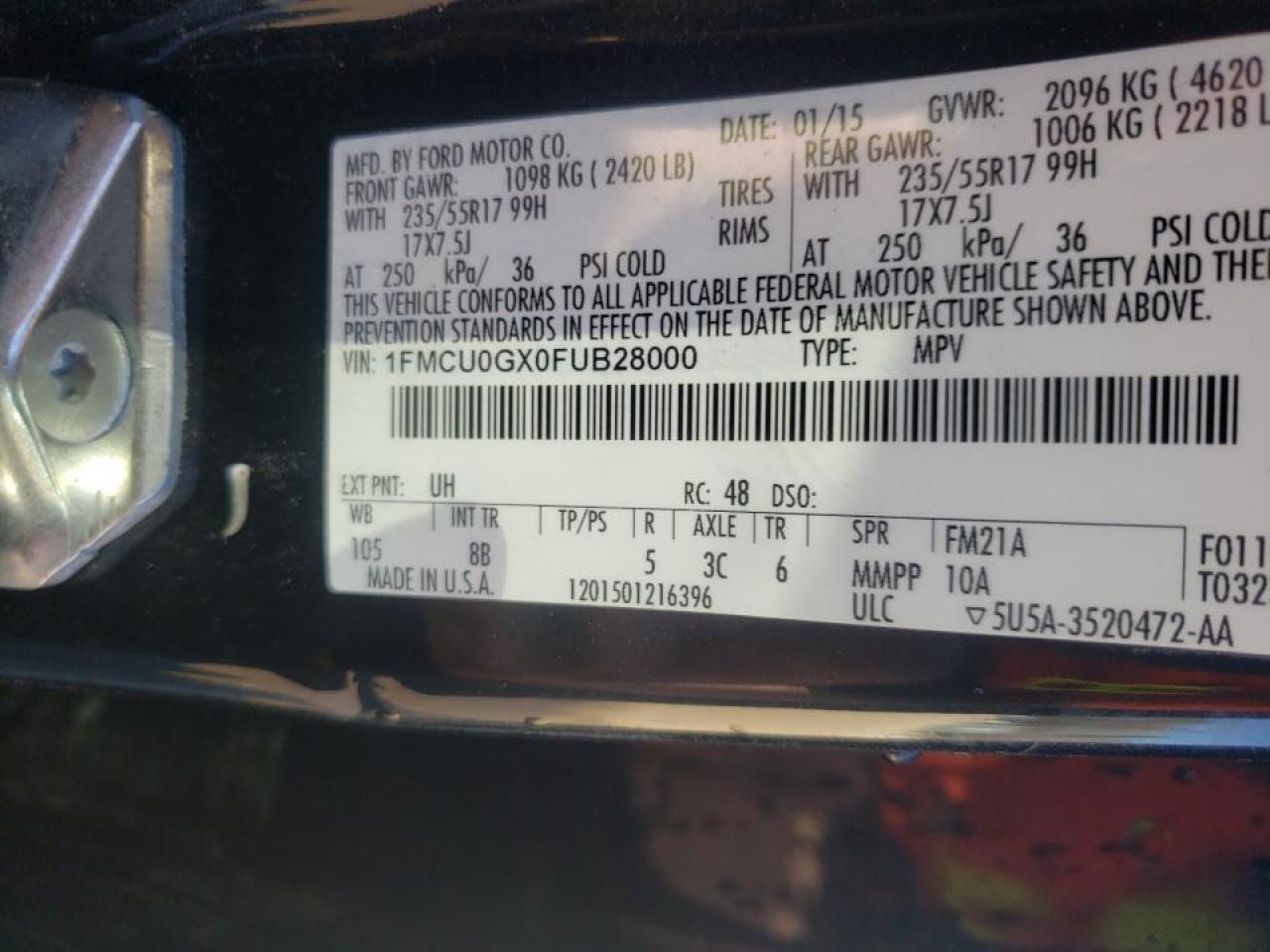 Photo 10 from auction – 2015 FORD ESCAPE SE with VIN 1FMCU0GX0FUB28000