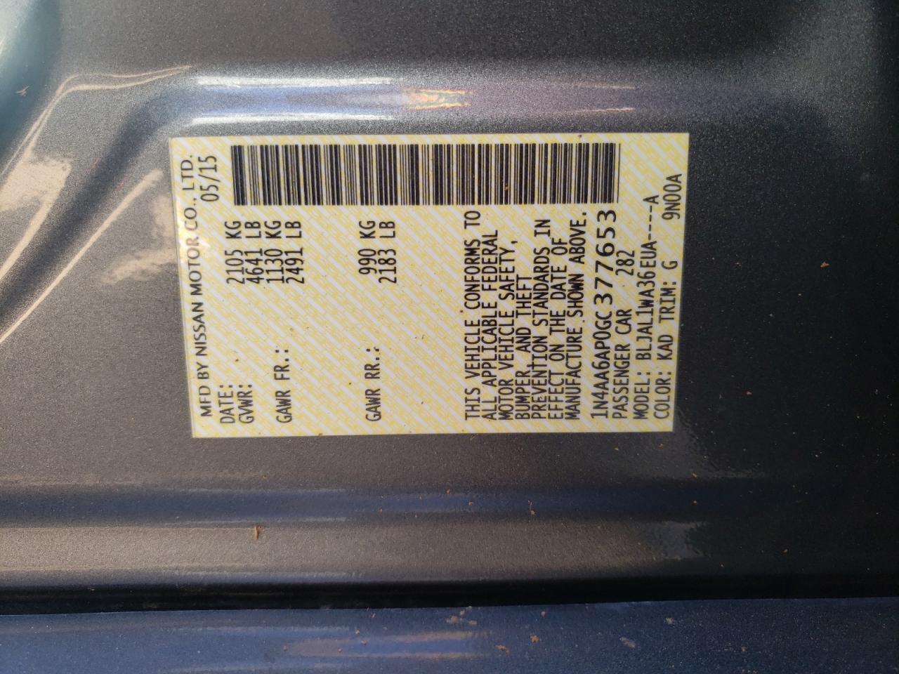 Photo 10 from auction – 2016 NISSAN MAXIMA 3.5 with VIN 1N4AA6AP0GC377653