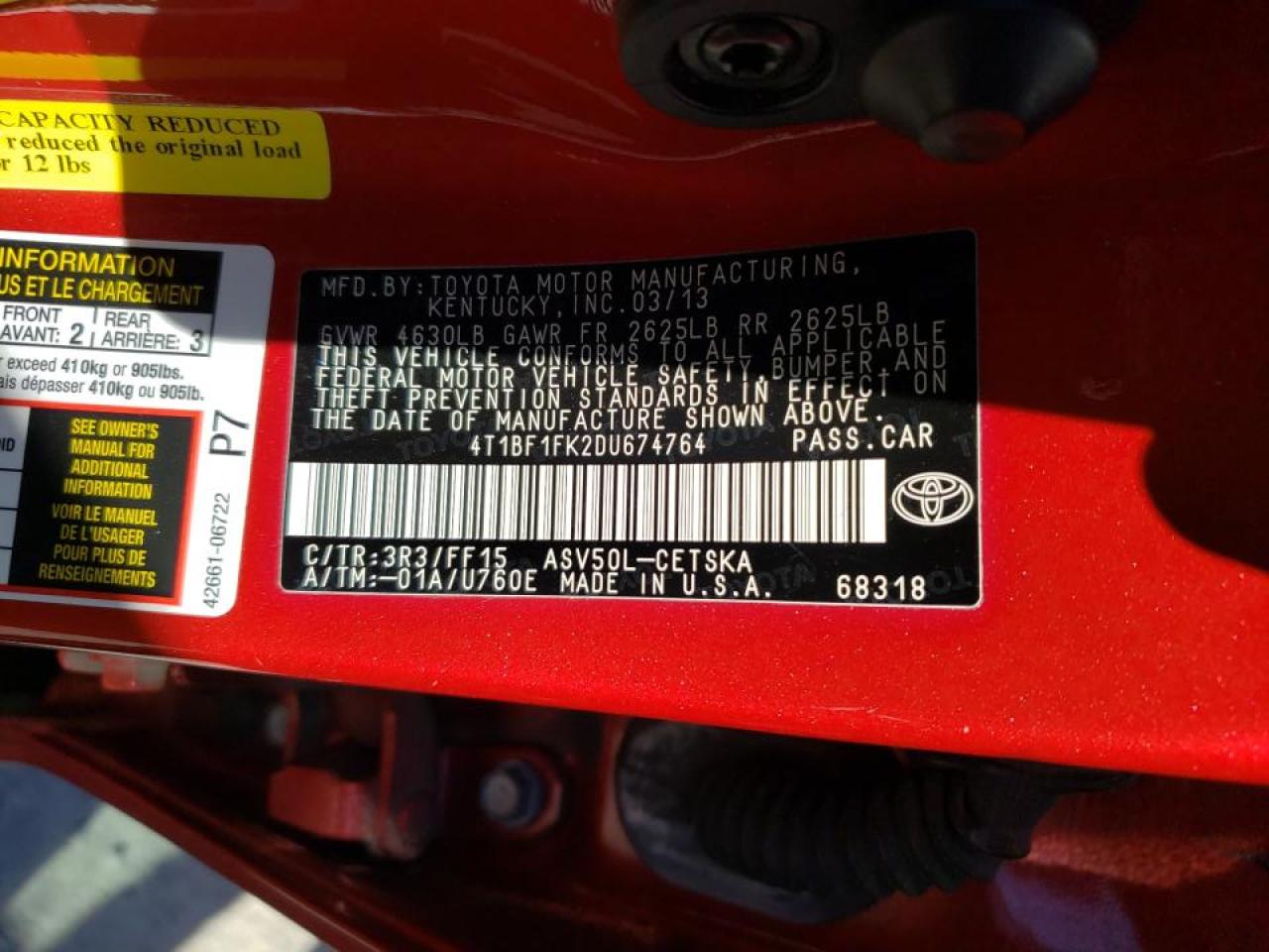 Photo 10 from auction – 2013 TOYOTA CAMRY L with VIN 4T1BF1FK2DU674764