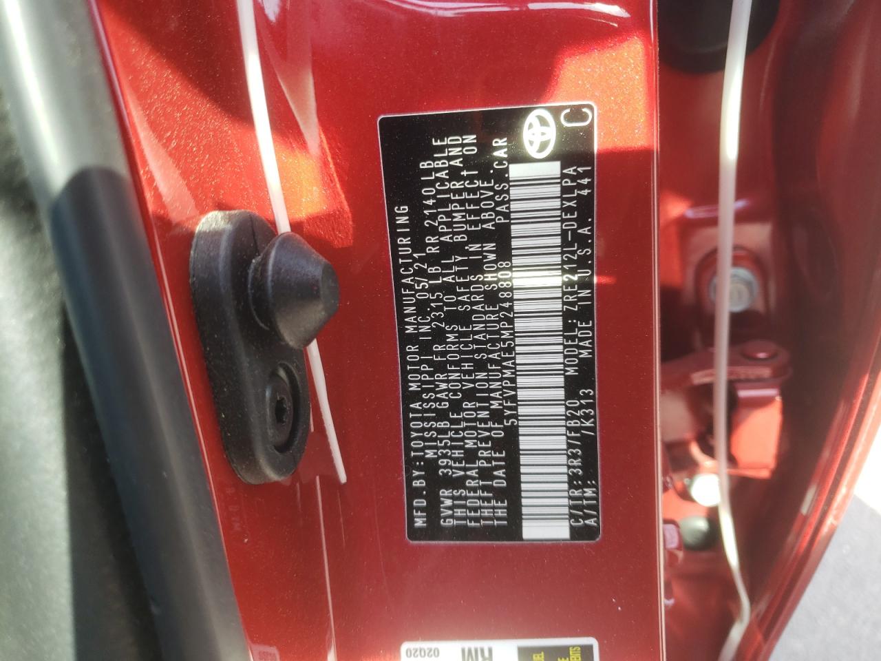 Photo 10 from auction – 2021 TOYOTA COROLLA LE with VIN 5YFVPMAE5MP248808