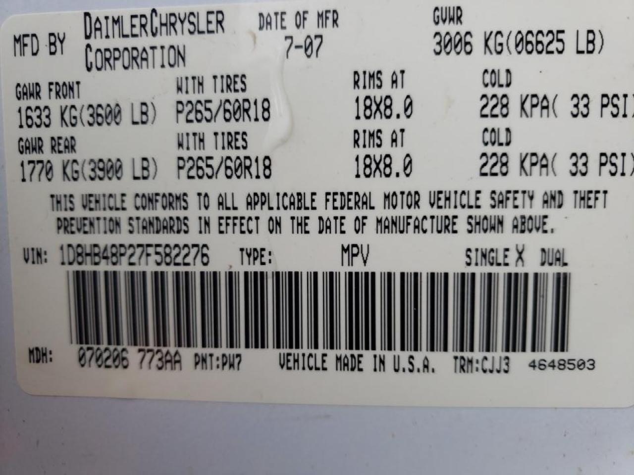Photo 10 from auction – 2007 DODGE DURNGO SLT with VIN 1D8HB48P27F582276