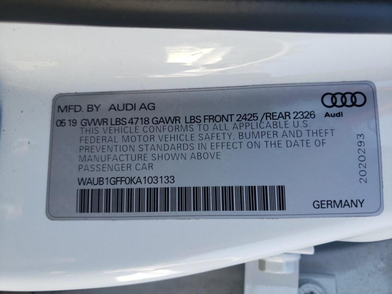 Photo 10 from auction – 2019 AUDI S3 PREMIUM with VIN WAUB1GFF0KA103133