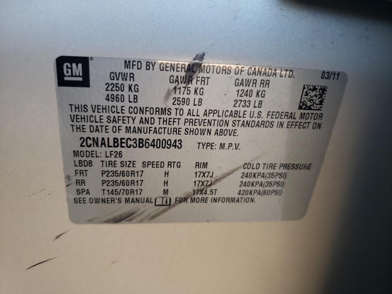 Photo 10 from auction – 2011 CHEVROLET EQUINOX LS with VIN 2CNALBEC3B6400943