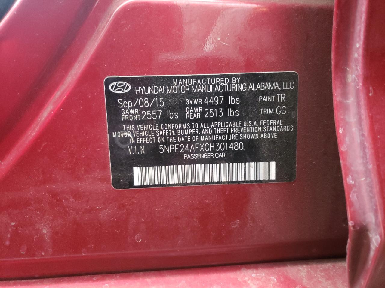 Photo 10 from auction – 2016 HYUNDAI SONATA SE with VIN 5NPE24AFXGH301480