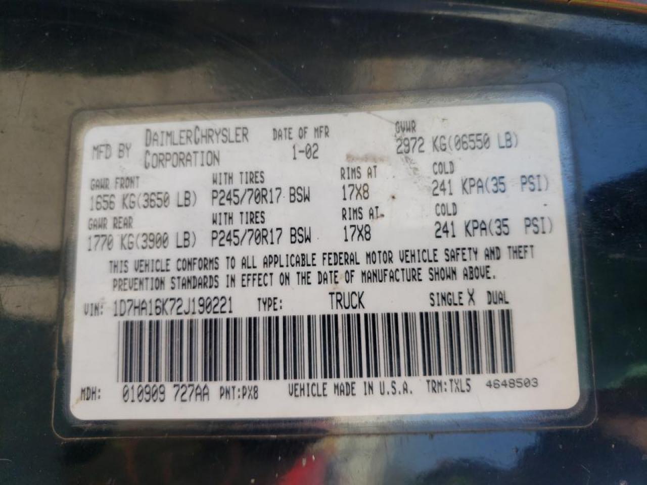 Photo 10 from auction – 2002 DODGE RAM 1500 with VIN 1D7HA16K72J190221