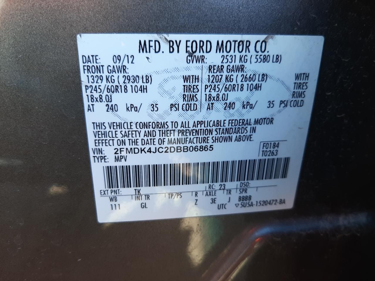 Photo 10 from auction – 2013 FORD EDGE SEL with VIN 2FMDK4JC2DBB06865